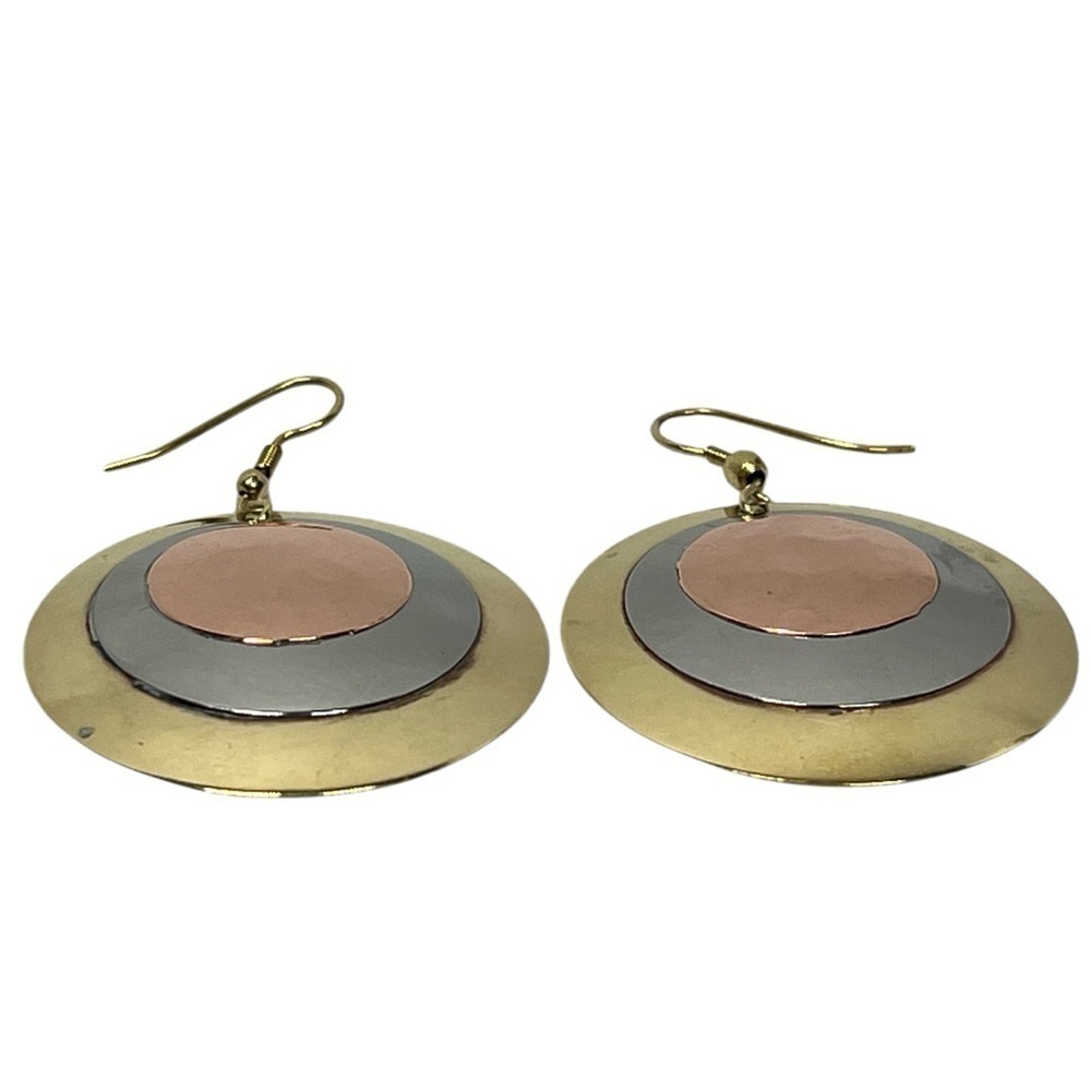 VINTAGE Artisan Metal Copper, Silver, Brass Tri-color Round Dangle Earrings